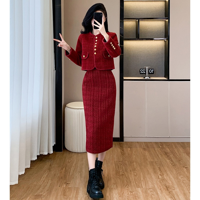 高級感軽贅沢小香風2着スカート2024秋冬新粗花コート高腰半身スカート女