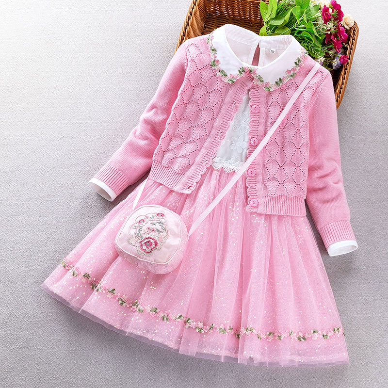 女の子の秋服新作子供ニットセーターセット女の子のモダンな洋風プリンセススカート2点セット