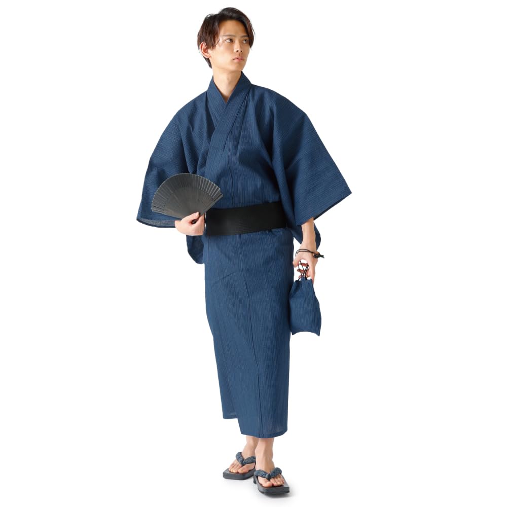 [GRADE] 浴衣 メンズ 「上品さを魅せる浴衣」 6点セット (浴衣 帯 内帯 巾着 扇子 下駄) ワンタッチ帯 浴衣セット (紺霧雨, L)