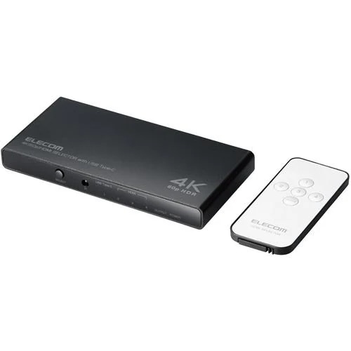 エレコム DH-SW4KC41BK HDMI 切替器 USB Type-C×1入力 タイプA×4入力 1出力 HDMI2.0b ミラーリング リモコン付き ブラック