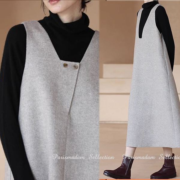 新规入荷続々 大人ジャンバースカート　前後自由自在　ヘリンボーン　上質ウール混紡　フレアスカートひざ下丈　ゆったり　変形デザイン　ミモレ丈　通勤通学20代30代40代50代60代