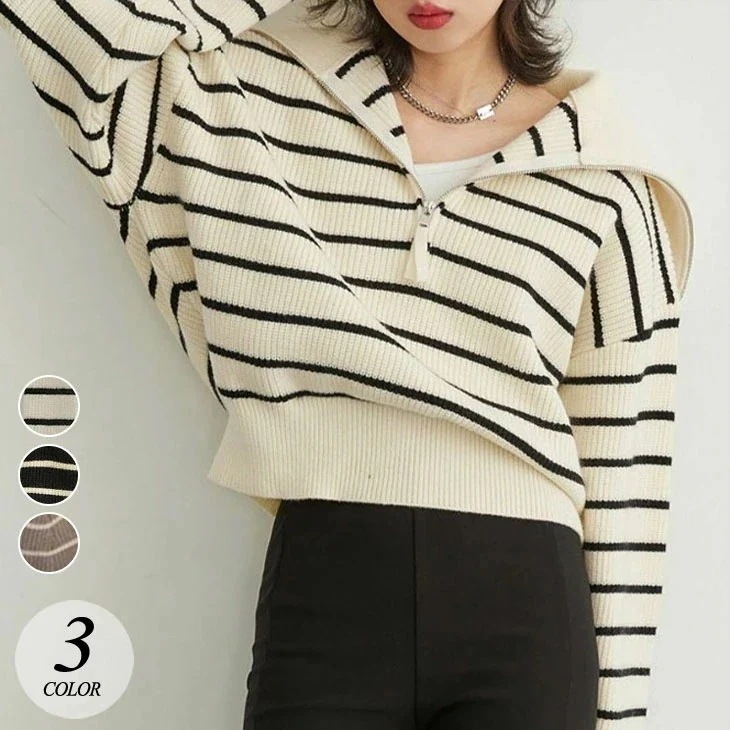 フェイクツーピース ニット セーター レディース 長袖 秋 冬 トップス シンプル プルオーバー ボーダー カジュアル ニットセーター 長袖ニット 重ね着風 フロントジッパー 韓国ファッション