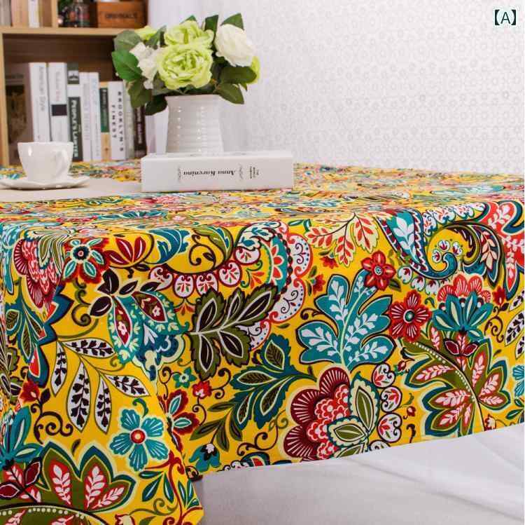 テーブルクロス 布 レトロ エスニック アメリカン キャンバス 厚手 食卓 カラフル おしゃれ 黄に葉模様 柄 プリント 四角 長方形