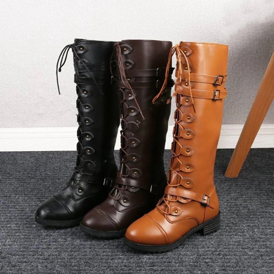 高級な質感レディースブーツロングブーツ編み上げブーツレースアップ無地かっこいい疲れないラウンドトゥ太めヒールレトロカジュアルクッション性快適