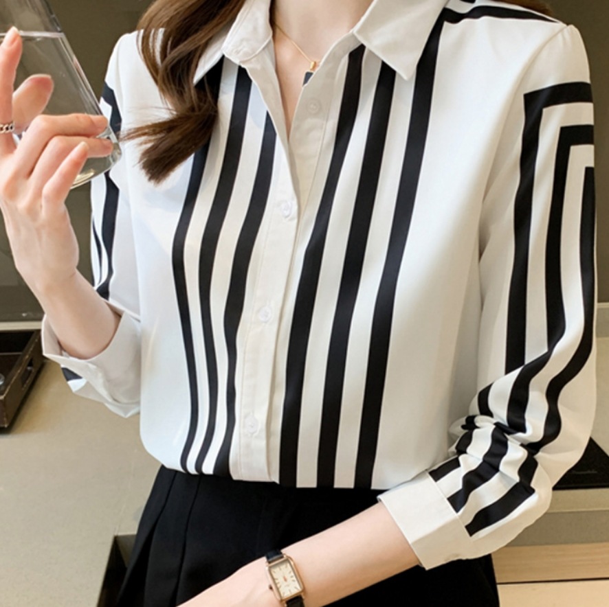 トップス デート かわいい 大人可愛い きれいめ シンプル カジュアル 大人 上品 おしゃれ お洒落 ブラウス 長袖 ライン 襟付き オフィス 通勤 ママ ホワイト ストライプ 2XL 韓国 モテ