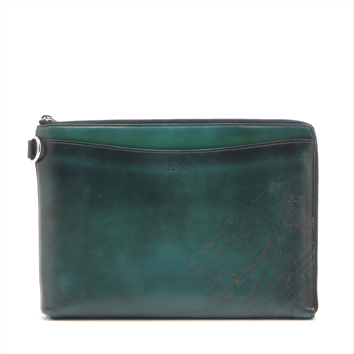 極美品 ニノ カリグラフィ グリーン レザー セカンドバッグ クラッチ ポーチ 通勤 ビジネス 本革 メンズ MMM BH21-1 中古