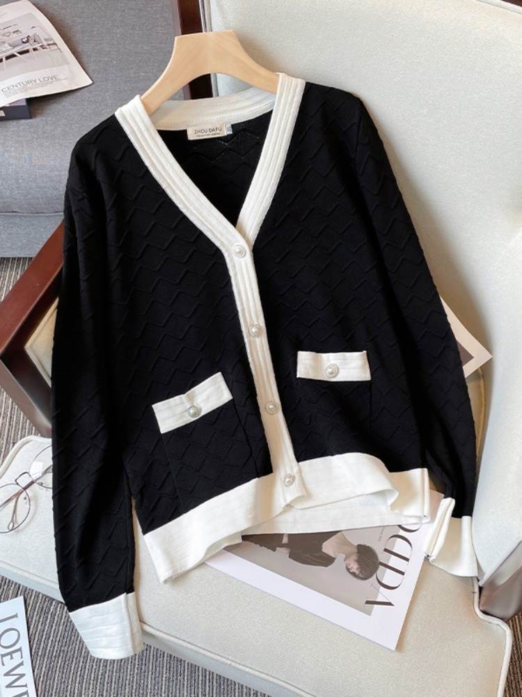 バイカラーカーディガン トップス デート ジャケット ニットソー セーター カーディガン ミディアム丈 ミドル丈 レギュラー丈 袖あり 長袖 Vネック スリム タイト 細身 ストレート 大人可愛い き