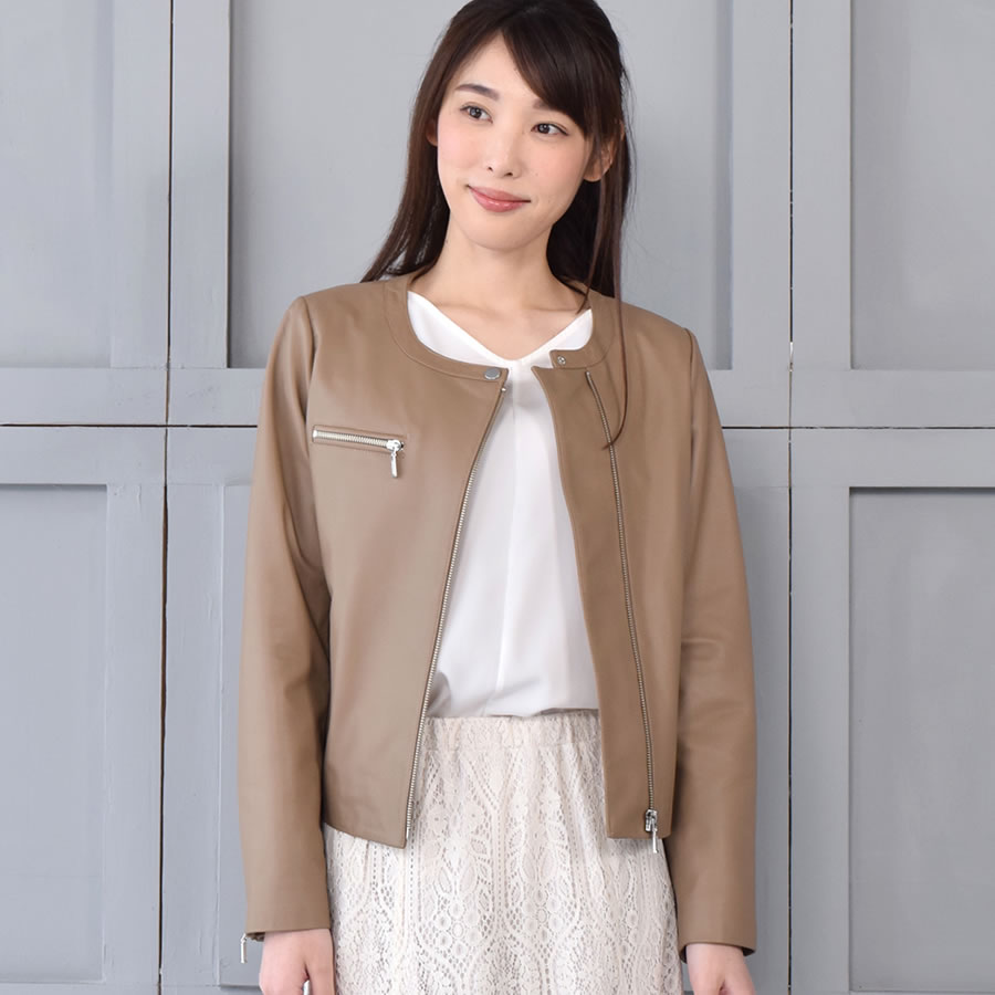 [Merfirge]ラムレザー ライダース ジャケット ノーカラーレディース (KT61151)