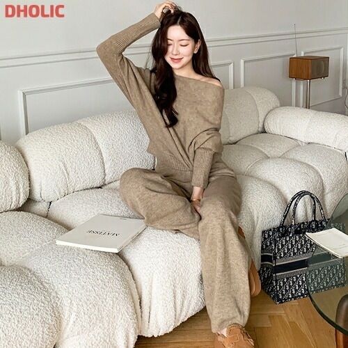 ソフトウエストゴムワイドロングドルマンルーズワンショルダーオフショルダーセットアップパンツニット・1940436