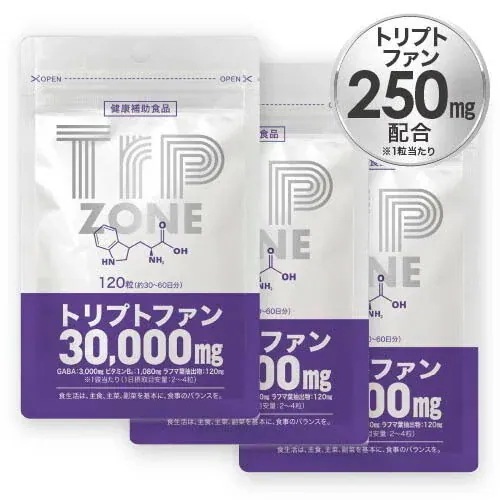 トリプトファン 30,000mg/袋 Trp ZONE 120粒 30日-60日分 3袋 睡眠 サプリ 医師監修 GABA ビタミンB6 ラフマ ハーブ 必須アミノ酸 セロトニン 国内製造 4,437円