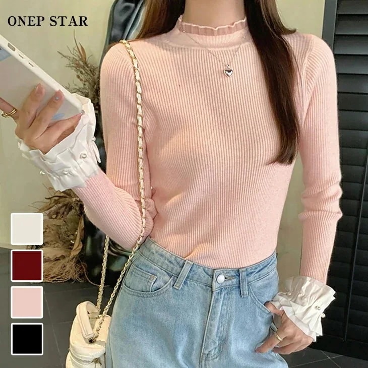 代 袖フレア ワンピスター パール付き トップス 50代 暖か 40代 60代 レディースファッション あったか 30代 リブニット 楽ちん レース 長袖 カジュアル ゆったり