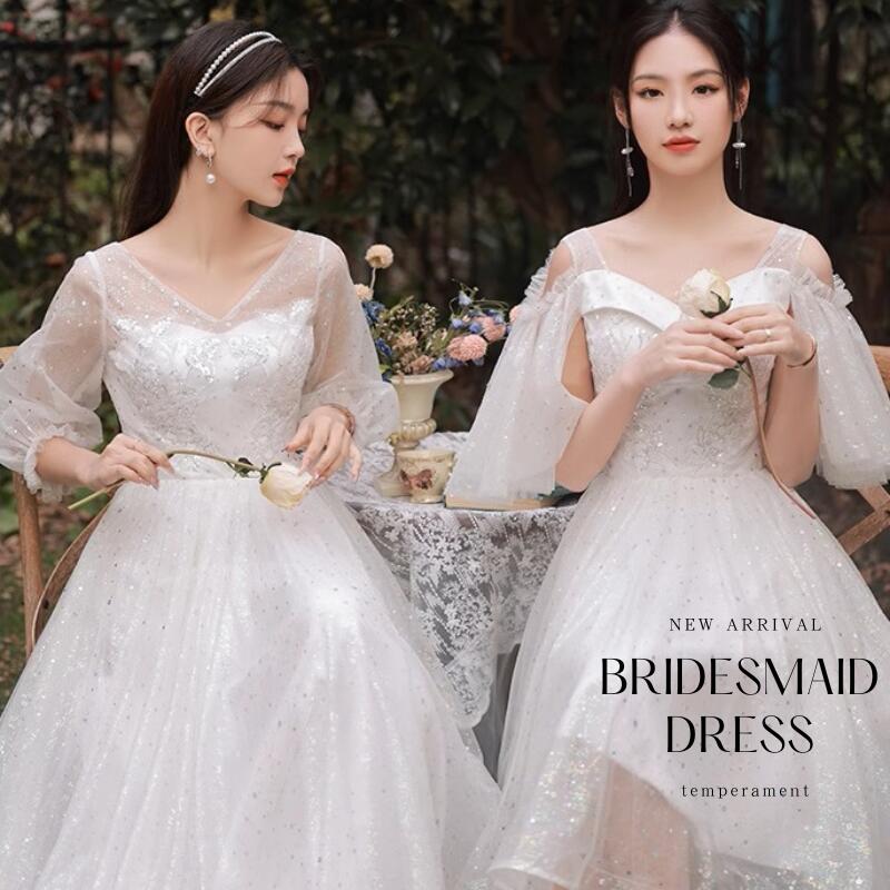ブライズメイド ドレス お揃いドレス ドレス ロング丈 ミモレ丈 ドレス 大人 パーティードレス 結婚式 ワンピース 白 ホワイト レディース おしゃれ Aライン ブライダル衣装 フォーマル 成人式