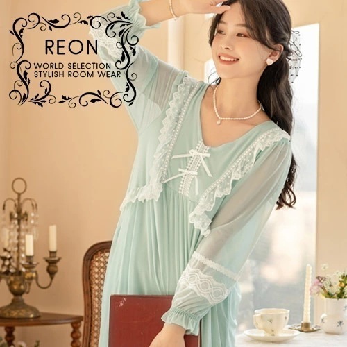 【短納期】ネグリジェ ロマンチックキュートな ネグリジェ ルームウェア パステル グリーン 姫 ロング 長袖 シースルー ストレッチ レース ワンピース セクシー パジャマ 部屋着 ポイント消化［R