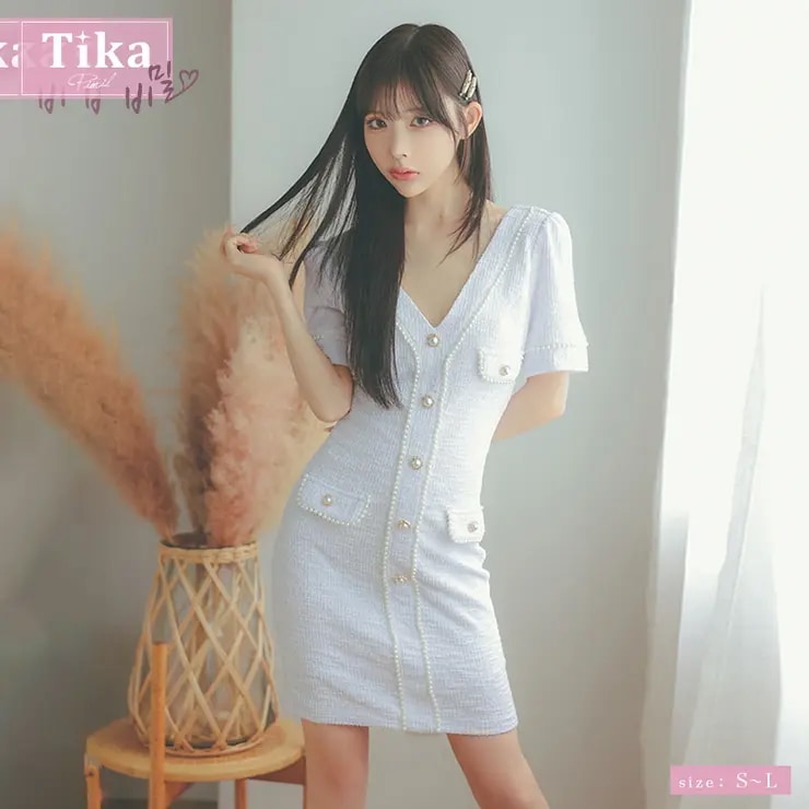 Tika 韓国キャバドレス パールラインストレッチニットタイトミニドレス ガーリードレス 袖あり 半袖 フェイクボタン Vネック S-Lサイズ ホワイト ベージュ 緩苺