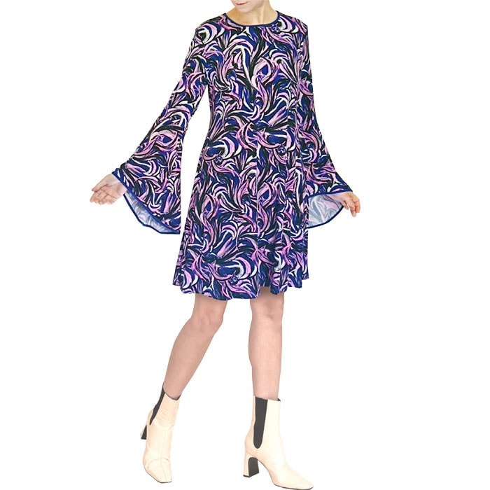 インポート Taylor ワンピース 長袖 アンブレラスリーブ ウェーヴ柄 レトロ ディスコ カラオケ クラブ バカンス サイズ4 FROM USA ネイビーピンク IA201218LA003