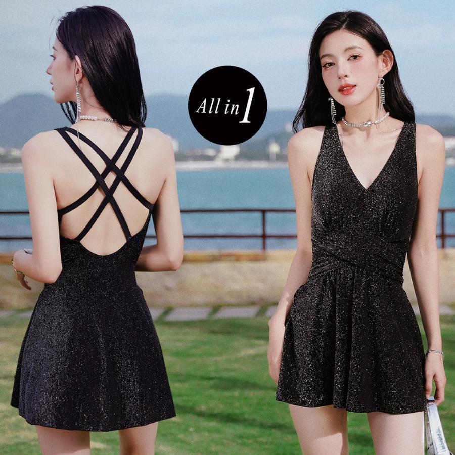 夏 水着 レディース ワンピース オールインワン 体型カバー おしゃれ かわいい 大人 黒 キラキラ ラメ ノースリーブ 袖なし