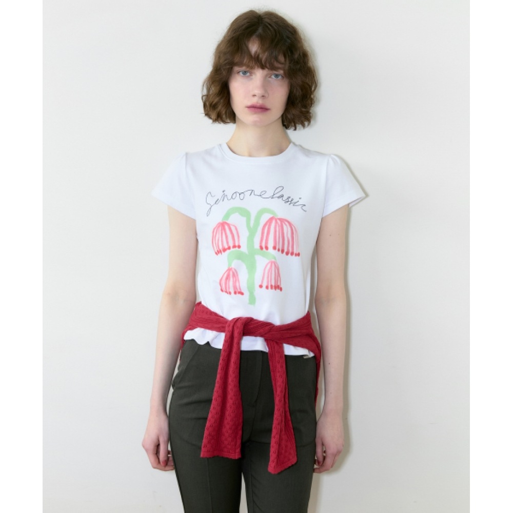 SINOON レッドベルフラワーパフTシャツ (ホワイト)