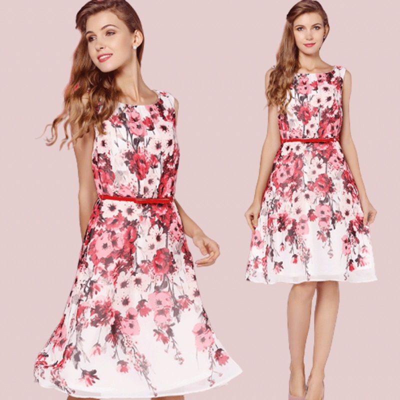 Aラインワンピース パーティードレス ショートワンピース 花柄 フラワー ノースリーブ 五分丈