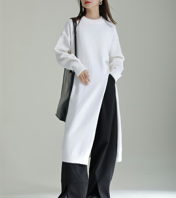 スリットニットワンピワンピースレディースニットニットワンピ長袖変I形デザインスリット重ね着レイヤードロングワンピアシンメトリー変形無地モード個性的大人ビッグシルエットゆったり春秋冬秋秋とらみ