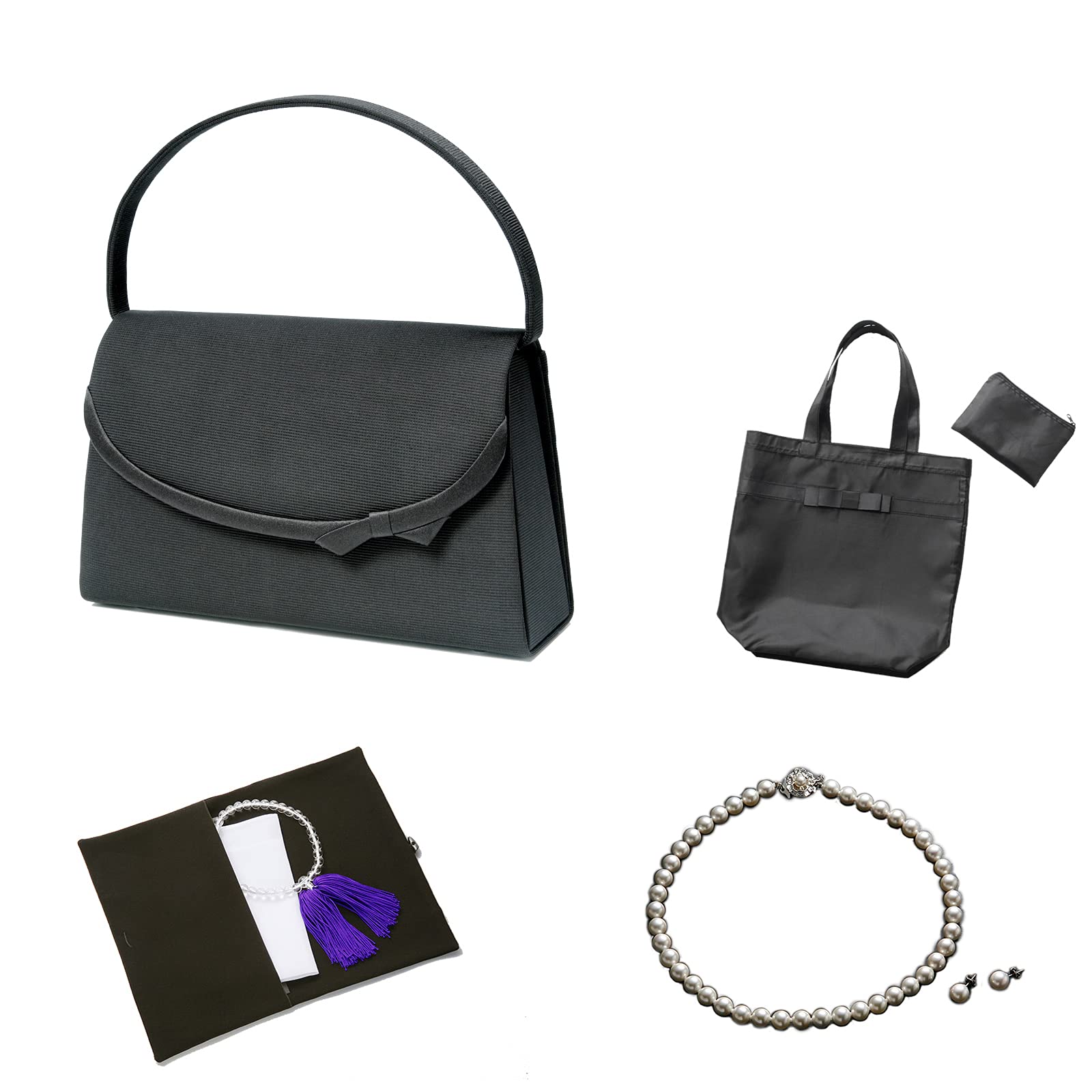 [マーガレット　ゴールド] フォーマル バッグ ネックレス ピアス ふくさ ハンカチ 数珠 トート 【 ７点セット】 3 P/L