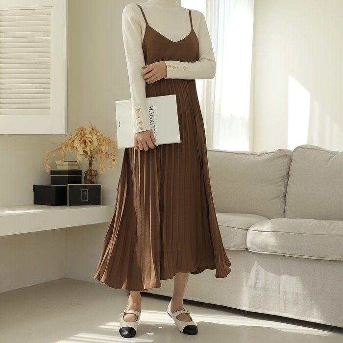 [韓国ファッション] Vネックプリーツ切替キャミソールワンピース