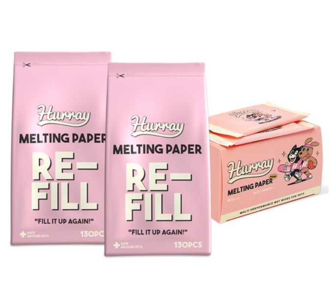 【HURRAY】 MELTING PAPER／100％天然繊維 リフィル130枚×2＋携帯用ウェットティッシュ50枚セット／動物用医薬部外品 認証済み