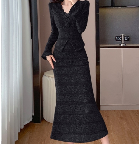 レディース セットアップ 2点セット 上下セット 膝下 ミモレ ロング 長袖 ベルスリーブ Vネック 襟なし ノーカラー タイト マーメイド セパレート フェミニン ハイウエスト ウエストシェイプ