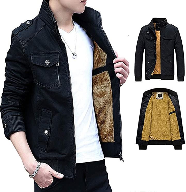 ミリタリージャケット メンズ ライダースジャケット 裏ボア 防寒 日本Mサイズ相当(ブラック／厚手, M)