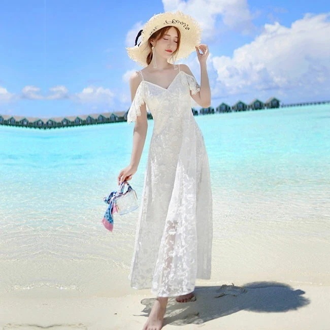 お買い得マキシ丈ス ホワイト 白いワンピ マキシ丈 ボヘミアン 総レース セクシー ス レディース ウェディングドレス パーティードレス Aライン エンパイアドレス 二次会 花嫁