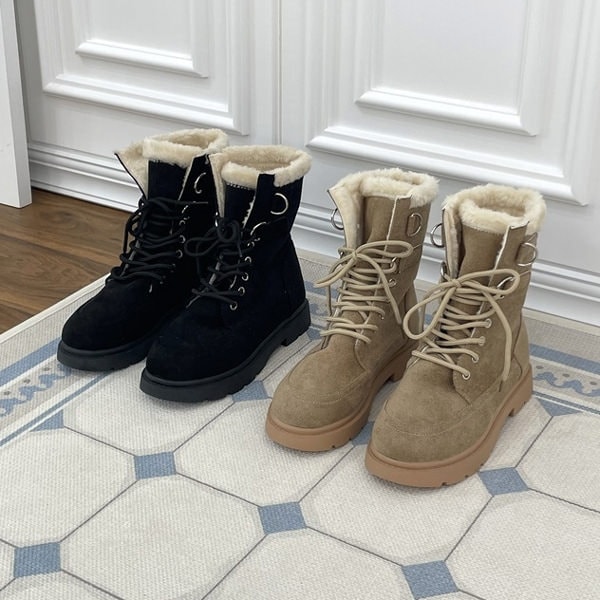 ショートブーツ ワークブーツ レースアップ ファー フラット トラックソール レディース ローヒール 黒 ブラック ベージュ スエード 歩きやすい 靴 婦人靴 韓国 7,378円
