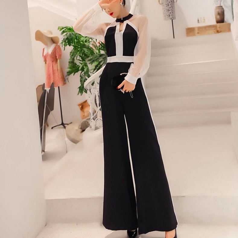 ドレス ワンピース パーティー 結婚式 二次会 披露宴 演奏会 発表会 ステージ 舞台 ダンス 衣装 ラウンジ クラブ ロング 長袖 ボリューム ハイネック スレンダー スリム フレア パンツ ワイド