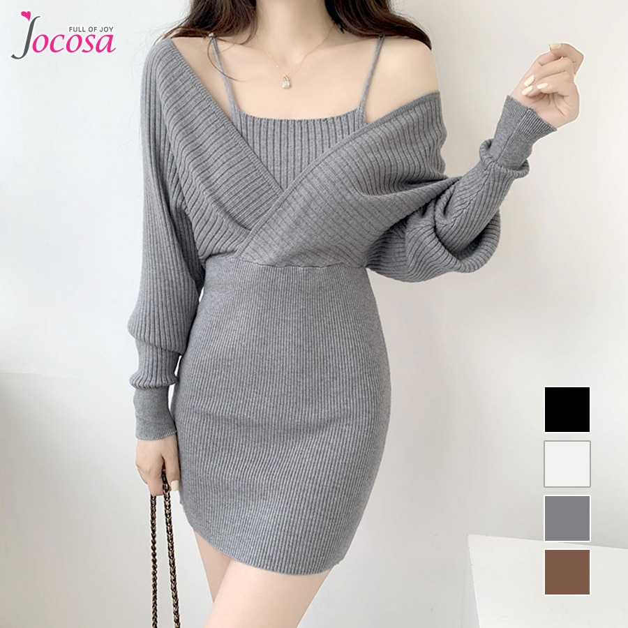 ワンピース 長袖 ニットワンピース レイヤード風 編み地切り替え カシュクール風 キャミソール 膝丈 リブ 無地 タイト レディース フリーサイズ JOCOSA 9246
