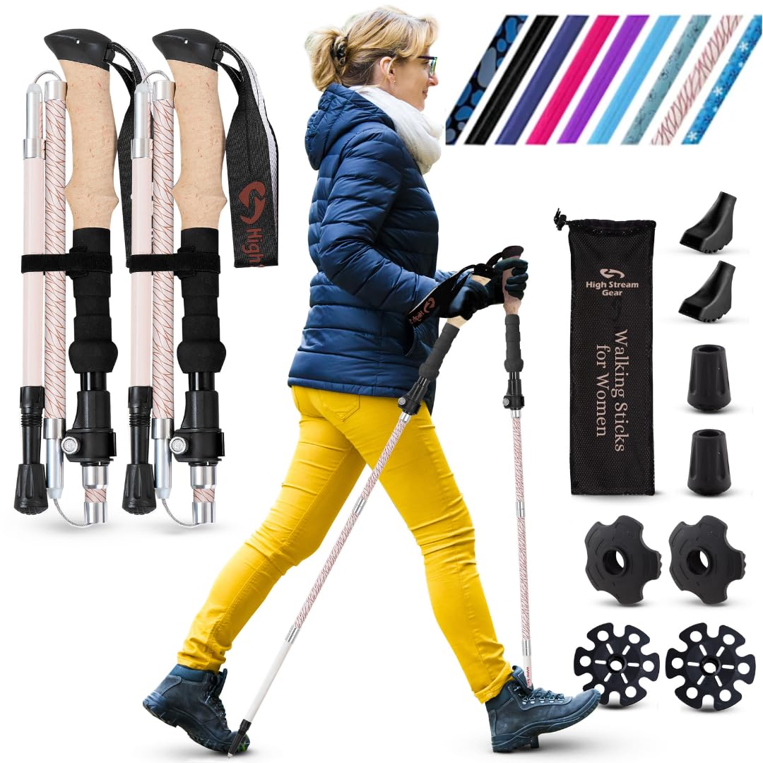 High Stream Gear レディース 折り畳み式 ハイキングスティック 軽量 折りたたみ式 ウォーキング&トレッキングポール バックパッキングの必需品 アクセサリー付き
