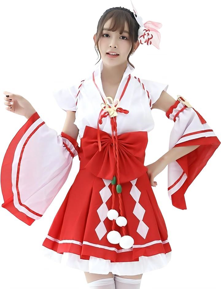 レディレイジー 巫女 コスプレ 巫女服 和装 和服 着物 袴 神社 正月 アイドル 女装 ハロウィン 衣装 フリーサイズ ミニ丈 ひざ上 白 赤(ホワイト, Free Size)