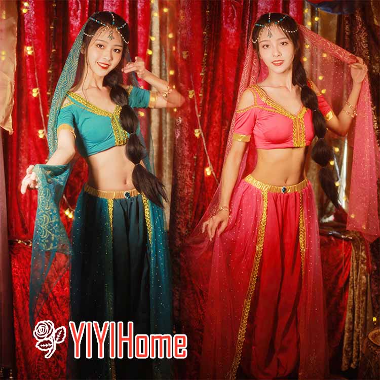 ベリーダンス 衣装 セット ベリー 衣装 コスチューム ハロウィン コスプレ アラビアン仮装 パーティー アラビアン衣装 余興用 レッスン着 トップス  パンツ レッド ライトブルー ジャスミン