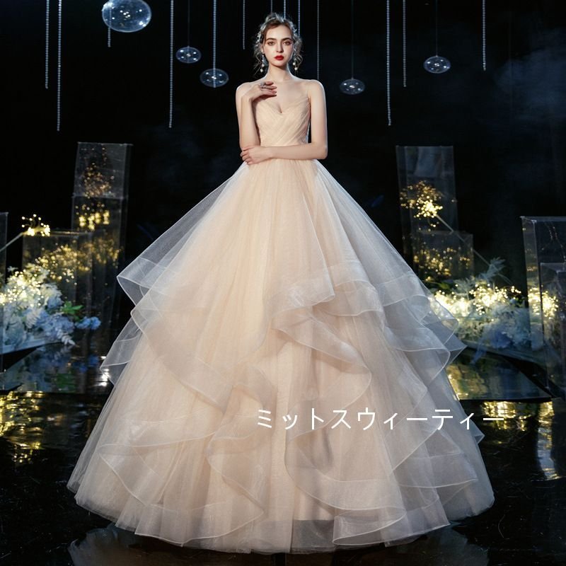 人気商品の プリンセスラインドレス ロング丈 ウエディングドレス 二次会 結婚式 ウェディングドレス キャミソール ブライダル 二次会 花嫁 安い  シャンパン 白 ドレス ドレス size:ホワイト - aegis.qa