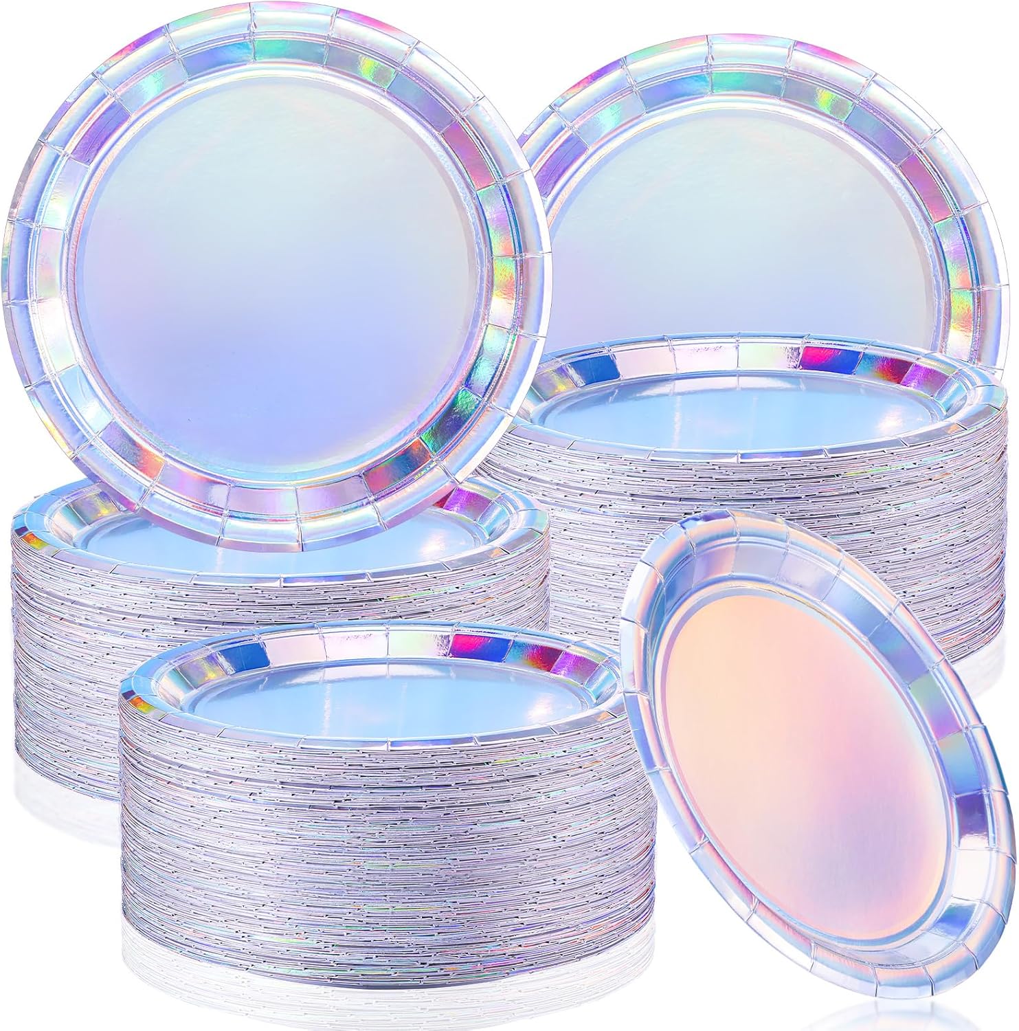 玉虫色紙皿 200枚パック 9インチ ホログラフィック デザートプレート 使い捨て 玉虫色 パーティープレート 円形の玉虫色の皿 ケーキ サラダ ピザ 誕生日 玉虫色 パーティーデコレーション