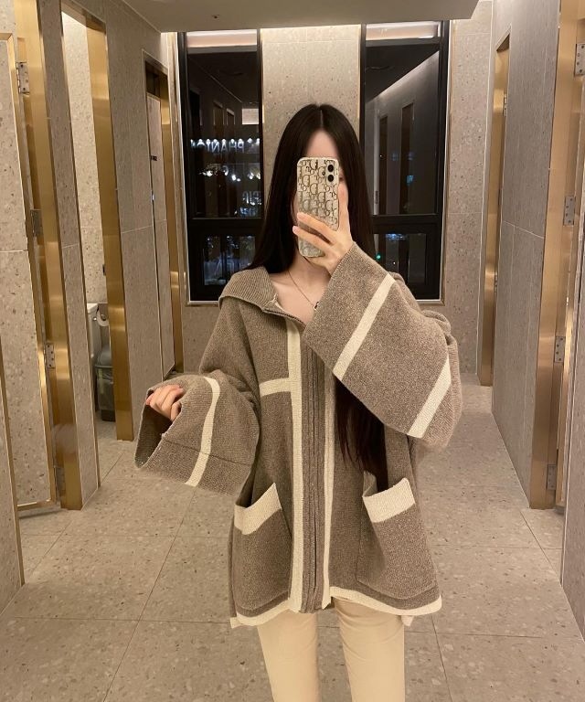 高級美 ラスボス 配色ニット パーカージップアップ