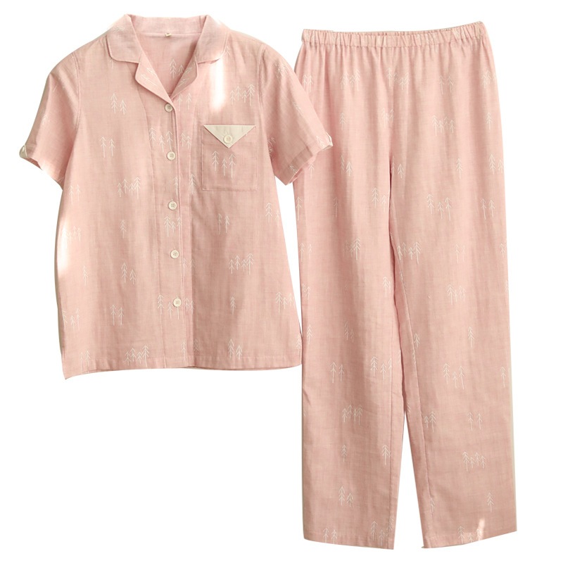 パジャマお揃い カップル 前開き 夏 上下セット レディース メンズ 半袖 綿100ダブルガーゼ