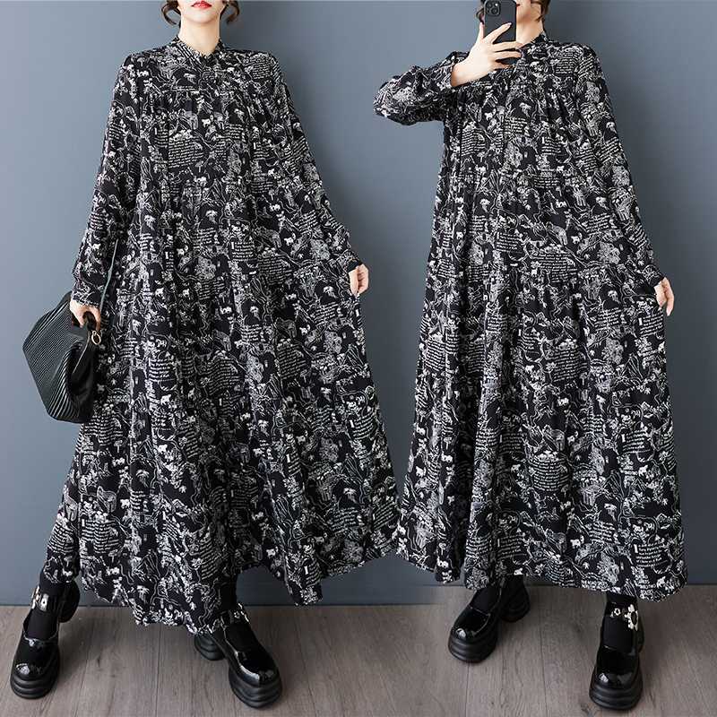 大きいサイズ 体型カバー ワンピース 「ファットガール」 長袖 レディース 秋 スリム プリント ミディ丈