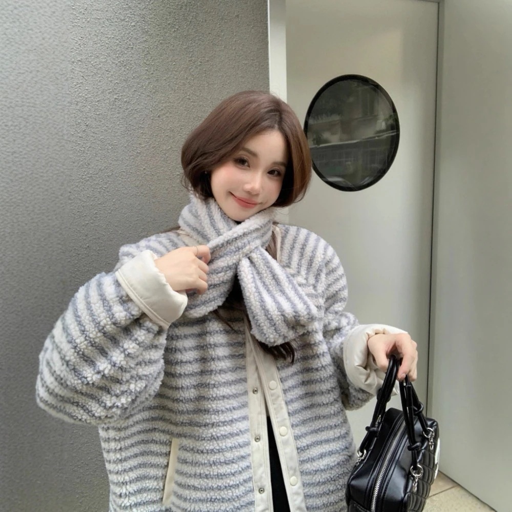 両面着用ストライプボア中綿ジャケット 冬 保温レディーストップス フェイクファー