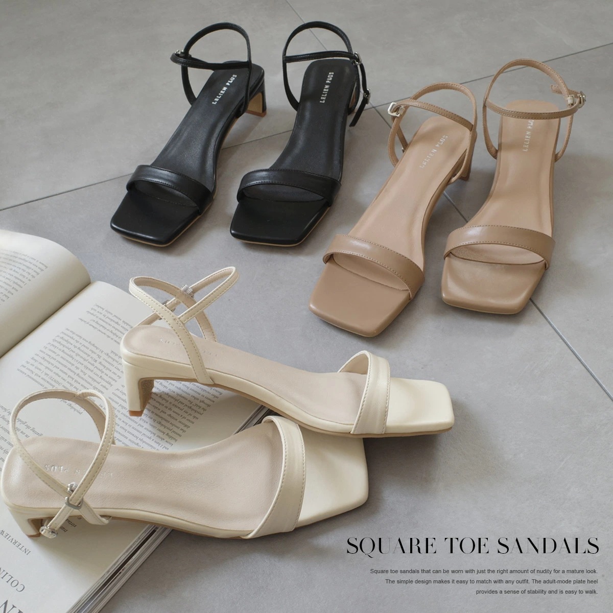 サンダル シンプル カジュアル スクエアトゥ プレートヒール ストラップ .センチヒール 歩きやすい レディース クッション 脱げない ブラック ホワイト グレー ルリアンプラス