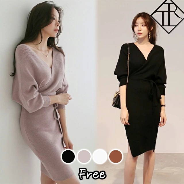 ２点で13o円OFF！【即納】ワンピース レディース ニットワンピース 秋冬 ロングワンピース 長袖 秋 ニット ワンピース 大きいサイズ バックストラップ ラップ デザイン 大人可愛い 可愛い おし
