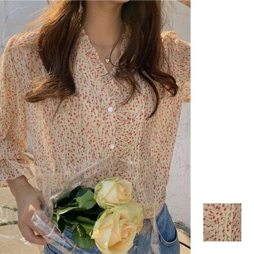 ブラウス シャツ 韓国 ファッション レディース 春 夏 秋 カジュアル コーデ シンプル 定番 セレカジ 20代 30代 40代 2025 シアー シフォン 小花 スタンドカラー Vネック
