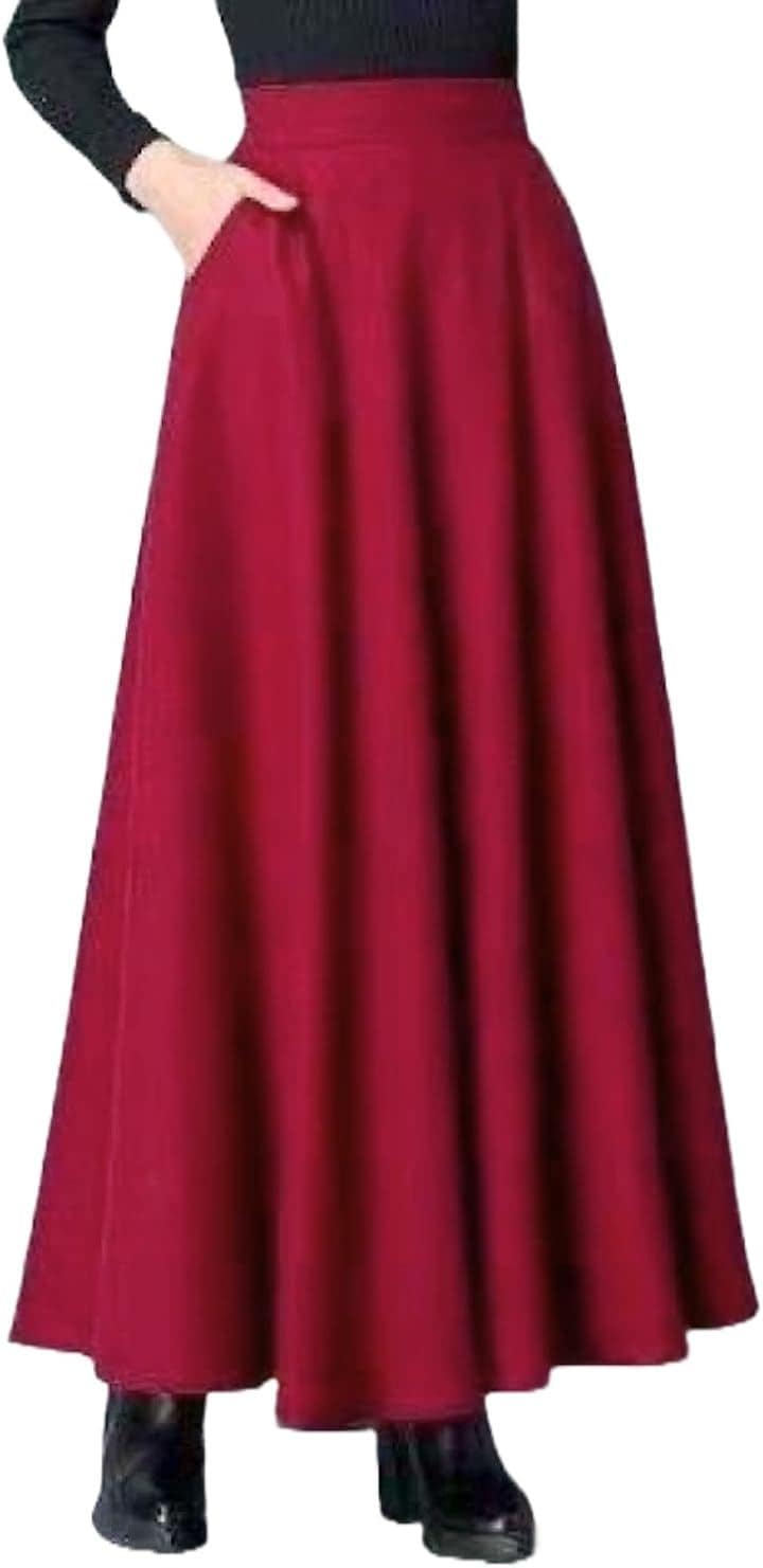 スカート ロング レディース 厚手 フレア ハイウエスト マキシ丈 Aライン 秋 冬 春 (レッド, 3XL)
