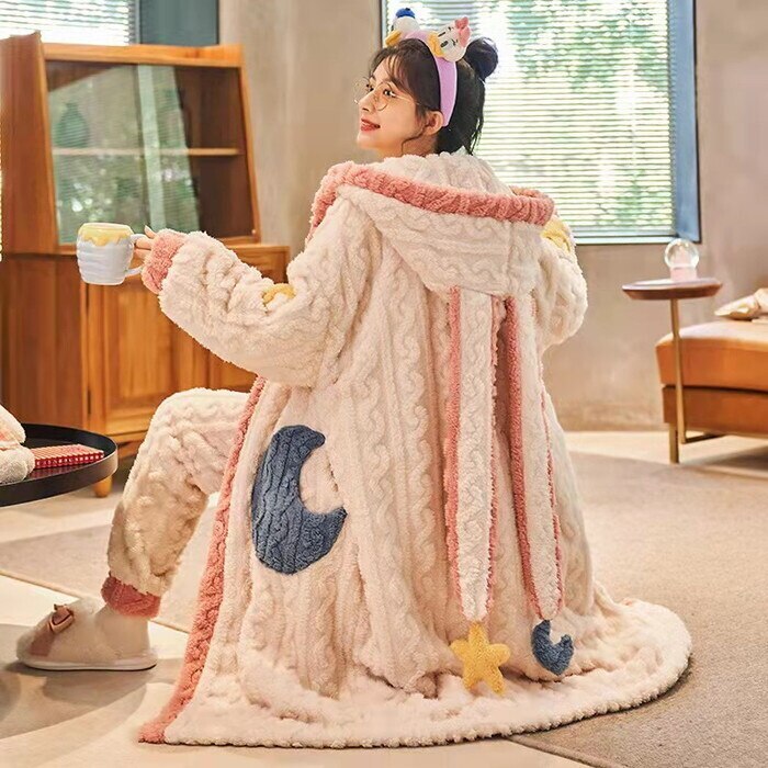 もこもこ モコモコ ガウン＋パンツ 2点セット ツーピース ルームウェア レディース ホームウェア 部屋着 寝巻き パジャマ ルームワンピース フード付き フード 耳付き うさ耳 うさぎルームウェア