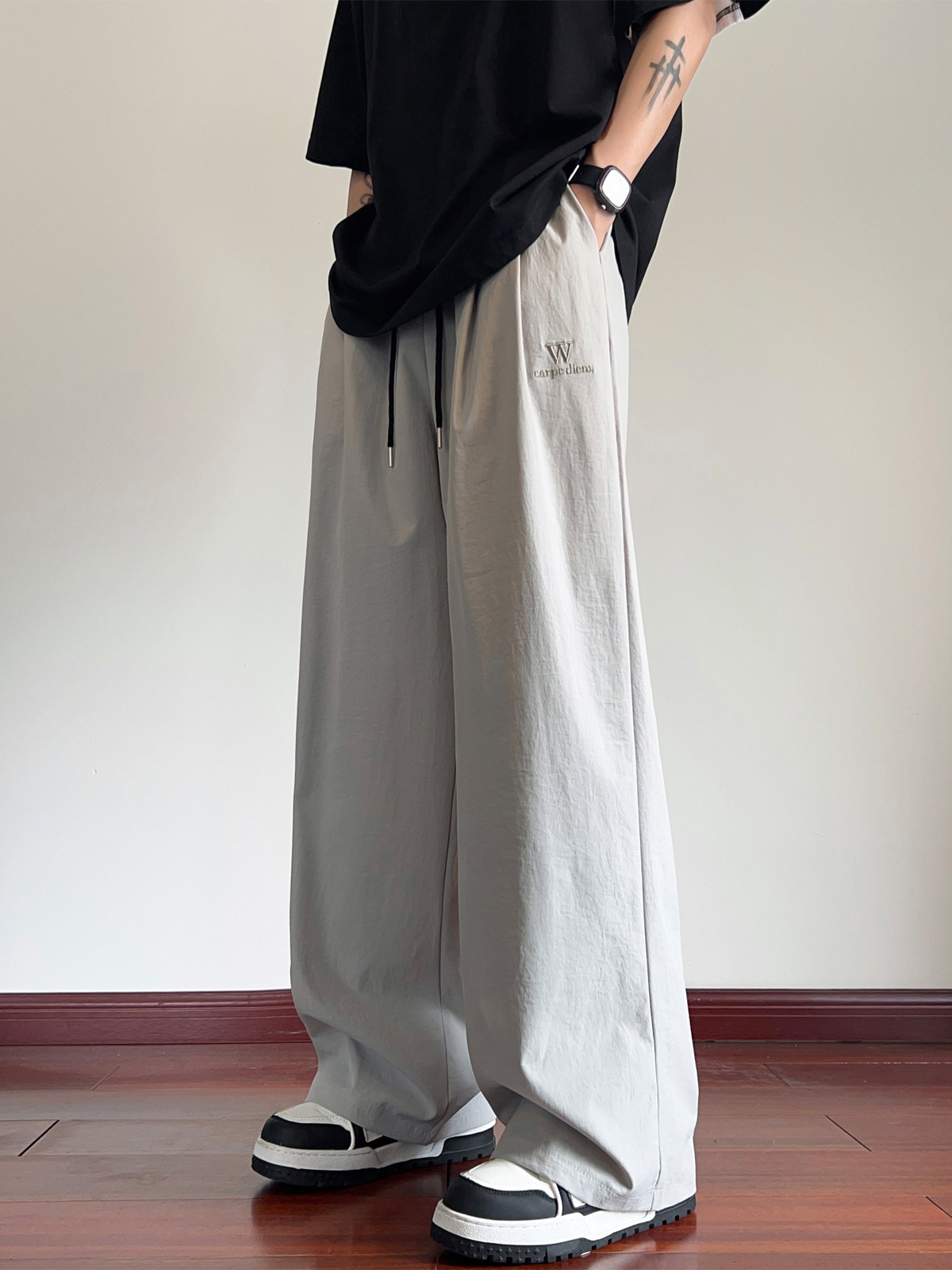 夏用ワイドレッグワークパンツ メンズ 速乾性 スポーツカジュアル メンズロングパンツ ゆったりストレート 大きいサイズ 薄手
