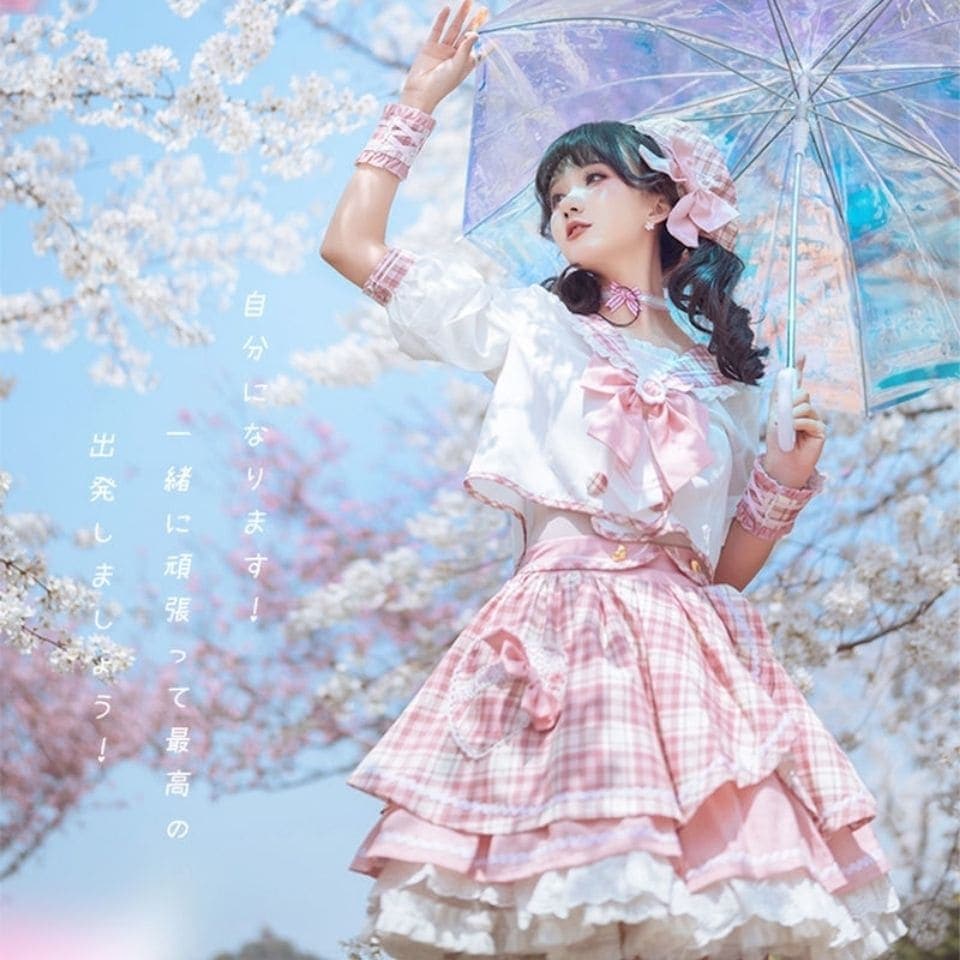 ロリータ メイド服 二次元 韓国ファッション ロリータ スーツ ピンク 半袖 スイート スカート 福袋