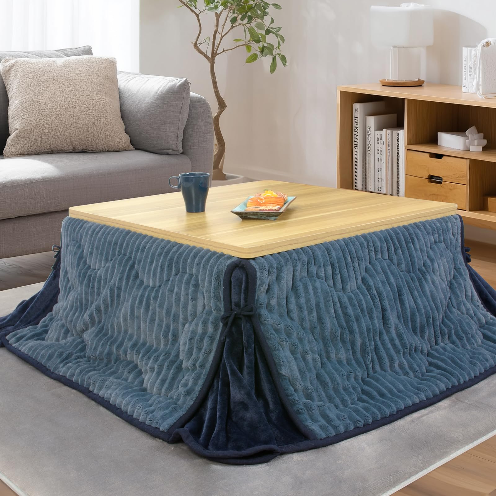 JEMA こたつ布団 省スペース こたつ掛け布団 正方形 こたつ用ふとん スリットデザイン 洗える フランネル生地 おしゃれ フランネル あったか なめらか180x180cm コーデユロイ ブルー