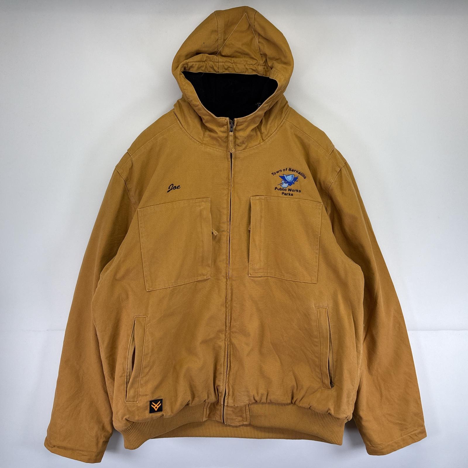 古着 HAWX WORK GEAR ワークジャケット ダック 大きいサイズ 中綿 企業ロゴ パーカー 2XL ベージュ系 メンズ